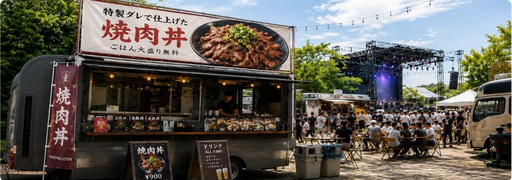 フードトラックイベントでのターポリン看板・横断幕の設置イメージ